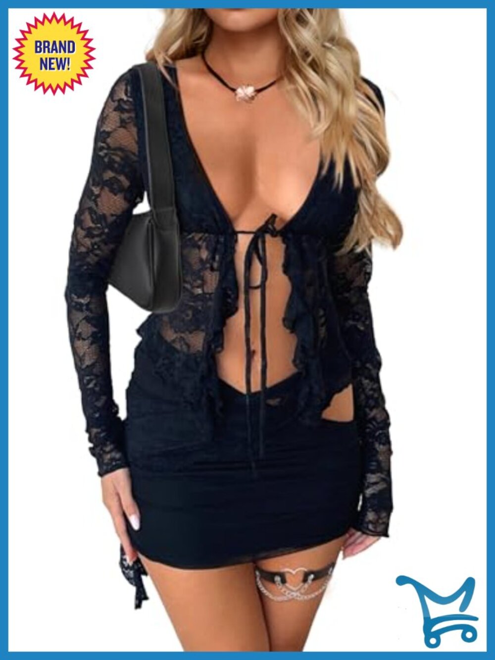 2 Piece Lace Tie Front Crop Top Blouse & Mini Skirt Set Long Sleeve
